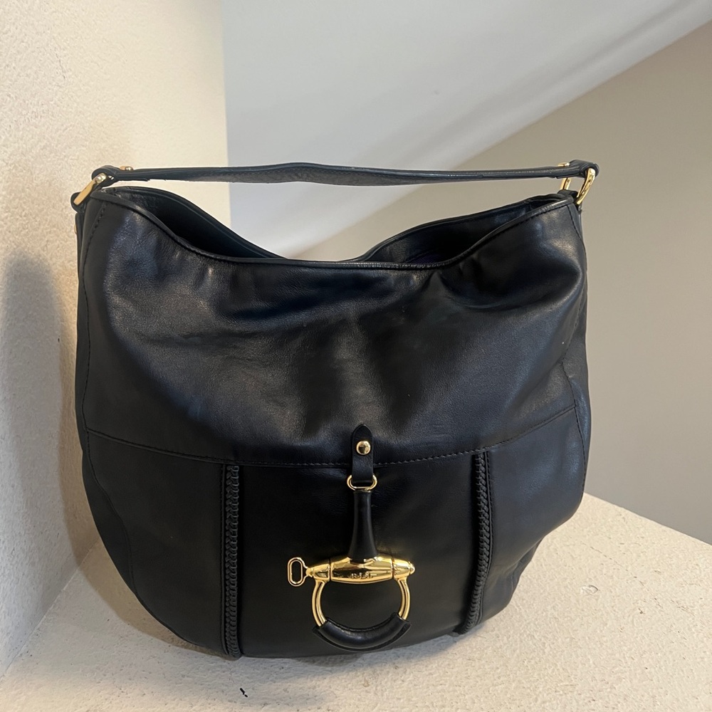 RLX Ralph Lauren Black Leather Hobo Bag with Gold Accents